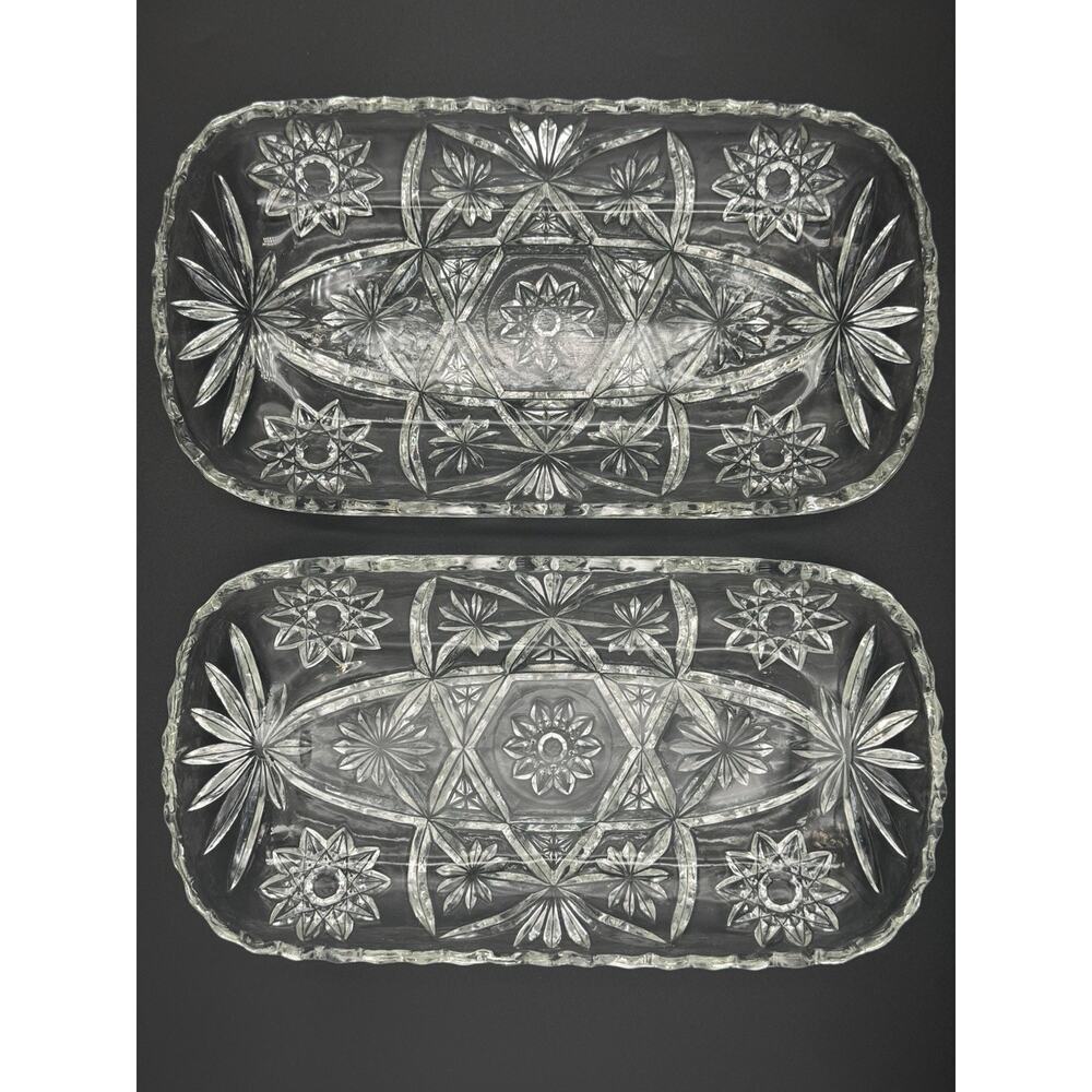 Set Of 2 Vintage Pressed Glass Serving Trays Floral Starburst - 12”x7”